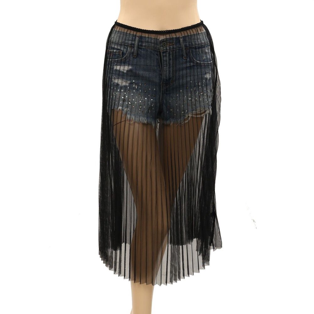 By Anthropologie Sunburst Pleated Sheer Midi Skirt Pull-On Black Solid XL 287491 - Picture 6 of 10
